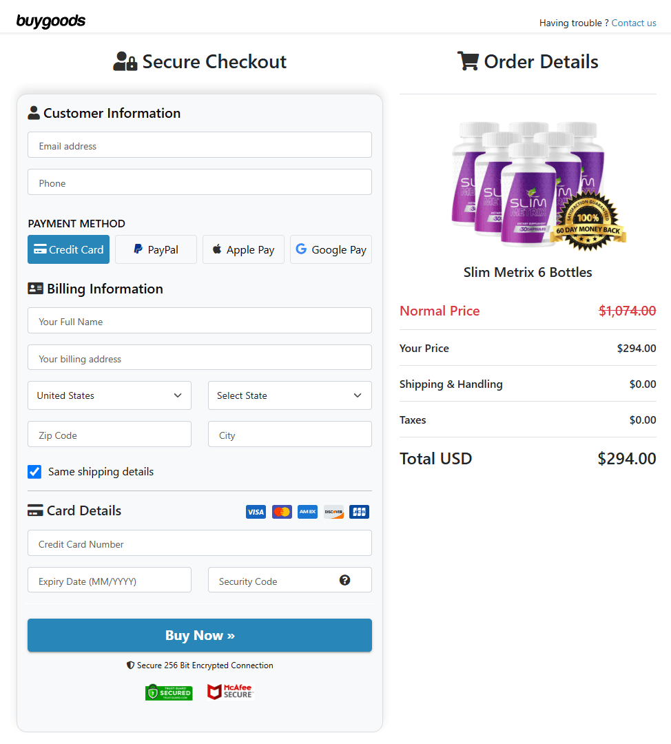 SlimMetrix order page